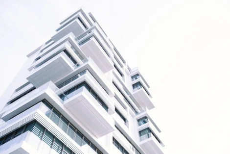 Modern residential tower seen from below
